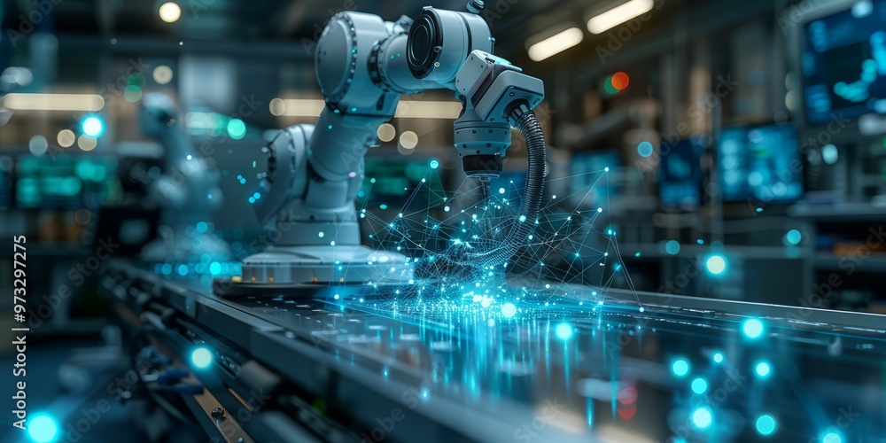 Aufkleber robotic arm in a futuristic factory environment, interacting with a digital network, representing au