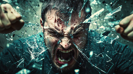Angry man with fierce expression surrounded by shattered glass, conveying intense emotion