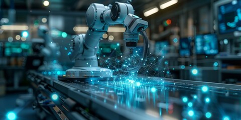 Robotic arm in a futuristic factory environment, interacting with a digital network, representing automation, advanced technology