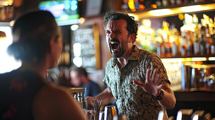 A man with an angry face is yelling at bartender in lively bar