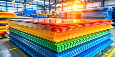 Stack of Colorful Plastic Sheets in Factory, plastic sheets, colorful material, industrial production, manufacturing process,