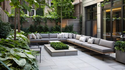 Modern Sectional Sofa in a Lush Green Courtyard