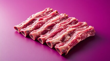 Obraz premium Raw pork ribs arranged on a dark glossy surface with a bright purple background, contrasting elegance