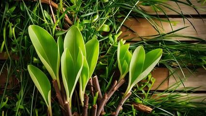 Obraz premium Green leaves on twigs, sward and wooden planks background
