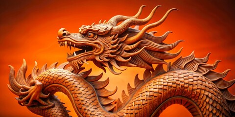 Fototapeta premium Wooden Dragon Sculpture Against a Vibrant Orange Background, dragon, sculpture, chinese culture, mythical creature