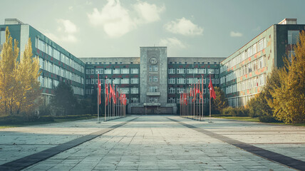 A military hospital building with camouflage and flags stands prominently