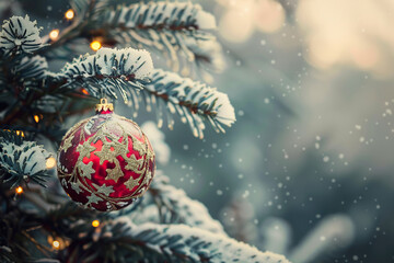 Obraz premium A gold and silver Christmas ornament hangs on a tree branch, generative ai image.,