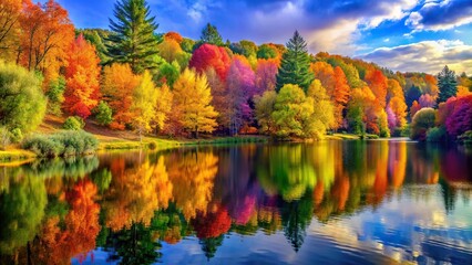 Colorful landscape with asymmetrical composition featuring bright colors such as green, yellow, purple, blue, and orange, with a lake and trees