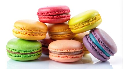 Obraz premium colorful macarons on white background with tilted angle