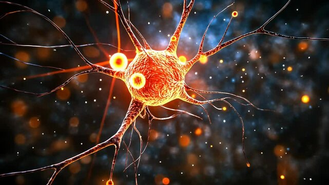 A 3D animation of a neuron firing synapses in the brain.