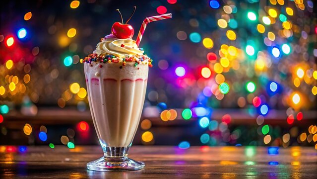 Colorful milkshake with straws in glass, cream sprinkles and cherry on menu backdrop