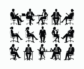 Business people sitting men and women silhouette EPS vector template