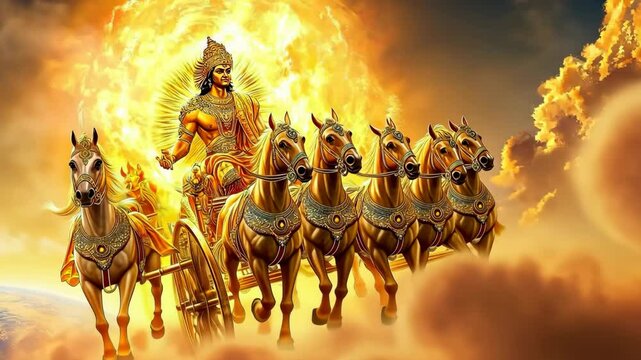 Sun God Surya Riding a Chariot Pulled by Horses, Representing Light and Energy in Hindu Mythology