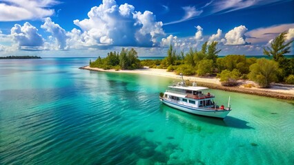 Fototapeta premium A tranquil tropical ferry approaches the sun-kissed shores of Bimini Island, Bahamas, surrounded by turquoise waters and powdery white sandy beaches.