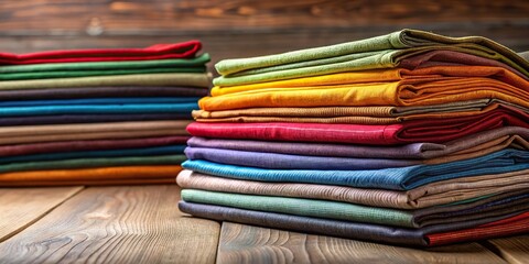 Colorful pile of cloths reflected on wooden table