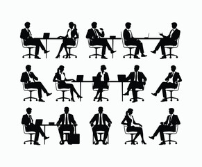 Business people sitting men and women silhouette EPS vector template