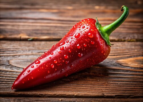 A vibrant, ripe vejiga chili pepper, glistening with dew, sits isolated on a rustic wooden background, emphasizing its