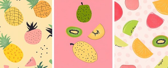 4 retro vector-style cards with fruit patterns, featuring pineapples, lemons, oranges, and kiwi on a pastel green background.