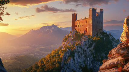 Obraz premium Majestic castle perched on mountain at sunset, evoking wonder and awe