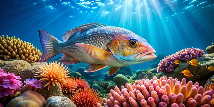 A vibrant jewfish swims majestically amidst a kaleidoscope of coral and sea anemones, its iridescent scales shimmering