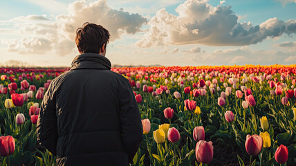 Fototapeta premium A person looking in wonder at colorful blooms in field of tulips