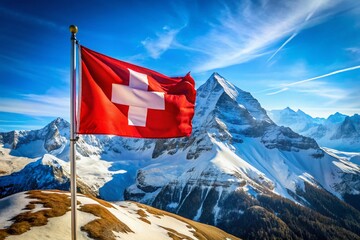 A vibrant red and white Swiss flag waves proudly in the gentle Alpine breeze, set against a stunning