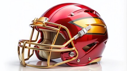 Fototapeta premium A vibrant red and gold football helmet with a distinctive arrowhead logo, adorned with facemask and chin strap, sits isolated on a white background.