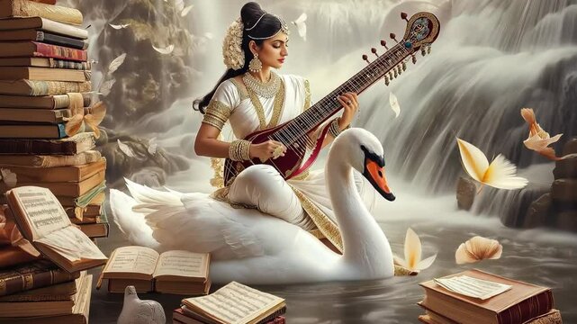 Goddess Saraswati Playing a Sitar While Sitting on a Swan, Surrounded by Books and Butterflies