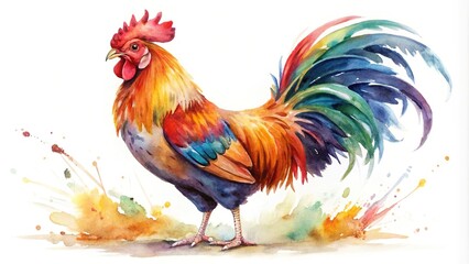 Fototapeta premium Colorful rooster watercolor painting on white background, symmetrical