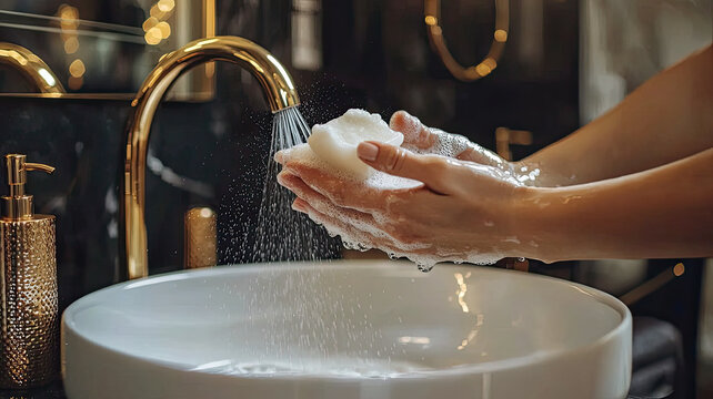 Washing hands with soap in an elegant bathroom setting, showcasing cleanliness and luxury