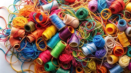 Colorful sewing threads in a tangled pile viewed from above with full frame Depth of Field