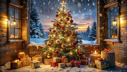 Obraz premium A warm and cozy scene featuring a beautifully decorated Christmas tree, adorned with ornaments and lights, surrounded by festive gifts and a tranquil snowy background.