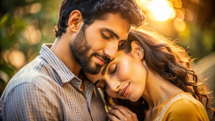 Fototapeta premium A warm-lit, intimate portrait of a loving Latin American couple, with the woman's gentle hand resting on her husband's shoulder, exuding affection and togetherness.