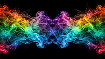 Colorful smoke swirls on black background symmetrical