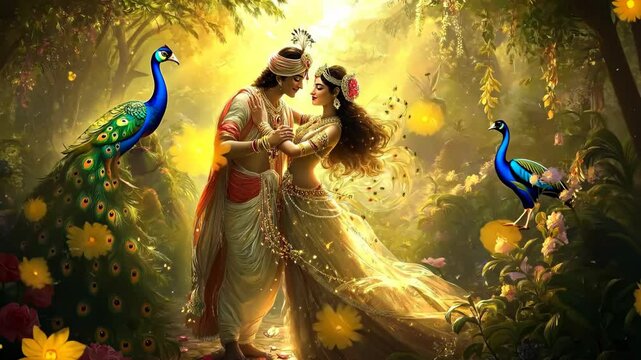 Radha and Krishna in a Beautiful Garden with Peacocks, Symbolizing Love and Devotion