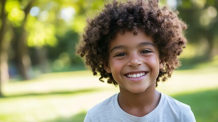 A young boy with curly hair is smiling and looking at the camera