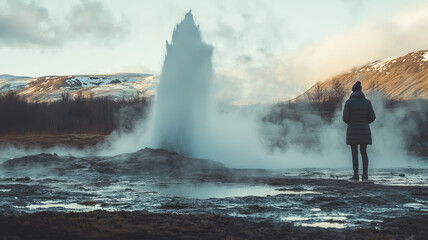 A person staring in wonder at geyser erupting in geothermal area