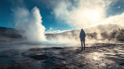 Obraz premium A person staring in wonder at geyser erupting in geothermal area