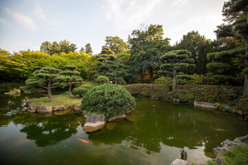 Japanese gardens with fish ponds in Nordpark in Dusseldorf,  Germany