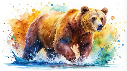 Fototapeta premium Colorful watercolor painting of a Brown Bear reflected on water surface