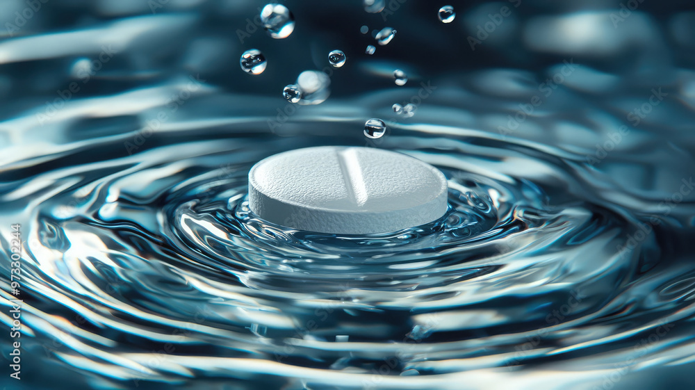 Poster dissolving pill creating ripples in clear water, showcasing fluid dynamics