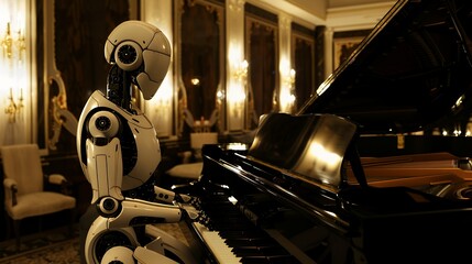 A humanoid robot with white and silver body plays a black grand piano in a dimly lit room.