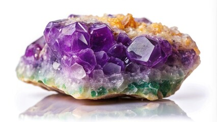 Fototapeta premium Colourful stone and amethyst reflection on white background