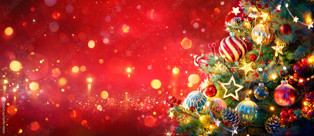 Wall mural christmas tree in red shiny glittering background - baubles hanging on fir with abstract lights