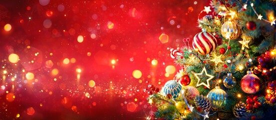 Christmas Tree In Red Shiny Glittering Background -  Baubles Hanging On Fir With Abstract Lights