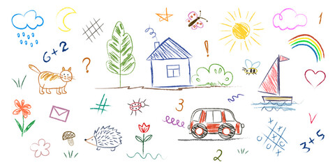 Doodle style set, objects drawn by child, house, cat, hedgehog, car, sailboat, tic-tac-toe, numbers. Children draw with chalk on the board or asphalt.  Simple drawings with colored pencils and crayons