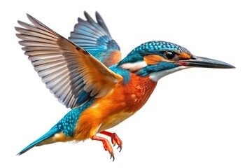 Obraz premium Common flying kingfisher isolated on white background with clipping path focus stacking fisheye