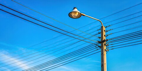 Fototapeta premium Concept = Bird Eye View of Electric wires and street lamp against blue sky