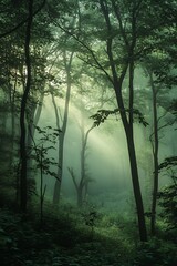 Fototapeta premium Sunbeams penetrate a misty forest, highlighting tall trees and lush green foliage.