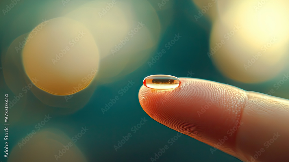 Poster a single pill resting on tip of finger against blurred background creates serene atmosphere